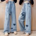 【4Y-12Y】Girls Fashion Heart Shape Embroidered Blue Jeans